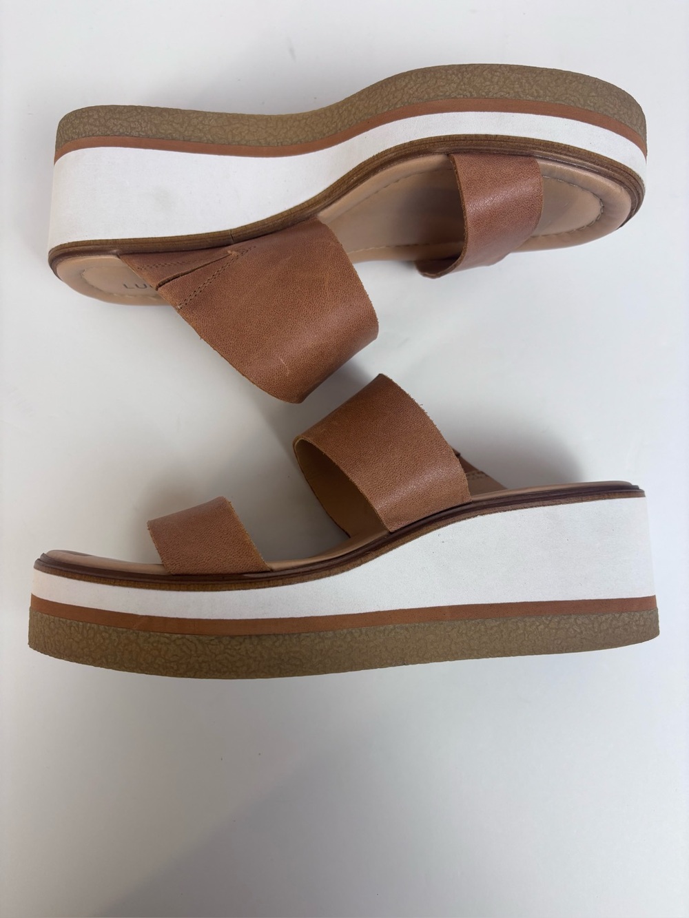 Lucky Brand Leather Platform Slide Sandals Double Strap Wedge Shoes Brown Size 7 - Picture 10 of 16